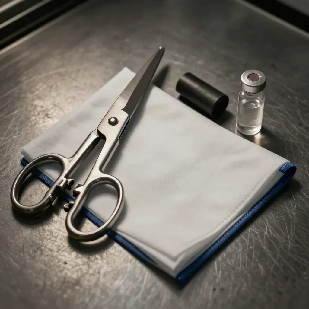 Top-down still life of trauma shears, drape, marker puck and contrast vial on brushed steel.