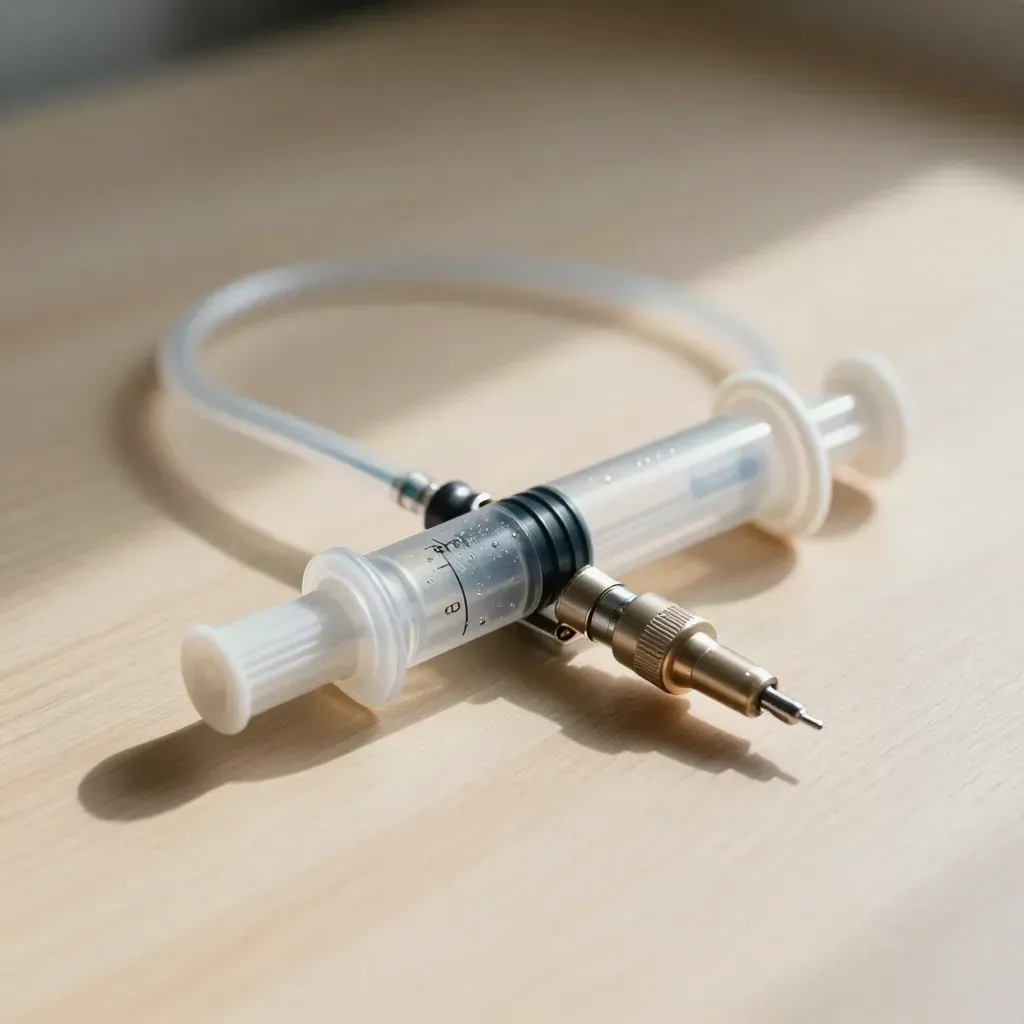 Contrast injector cartridge, coiled tubing and locking adapter on pale wood with condensation