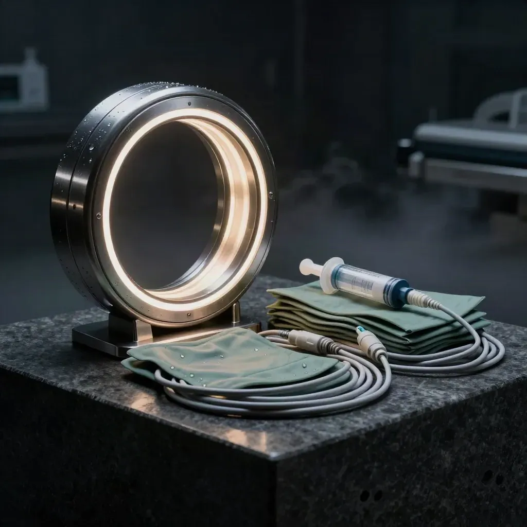 MRI head coil ring, pads and cables on a dark plinth in cold mist