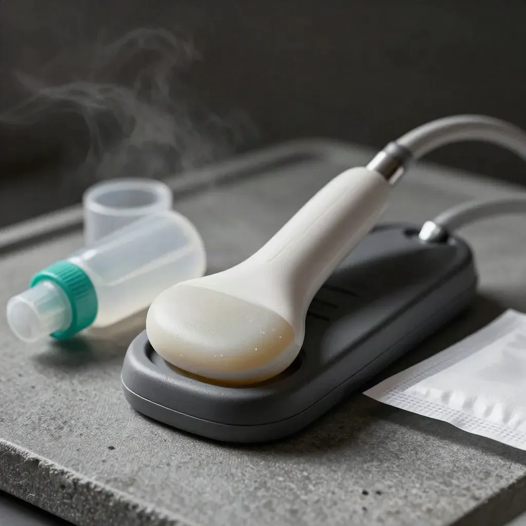 Ultrasound probe in cradle beside gel bottle and cover pack on stone, softly lit with teal accent.