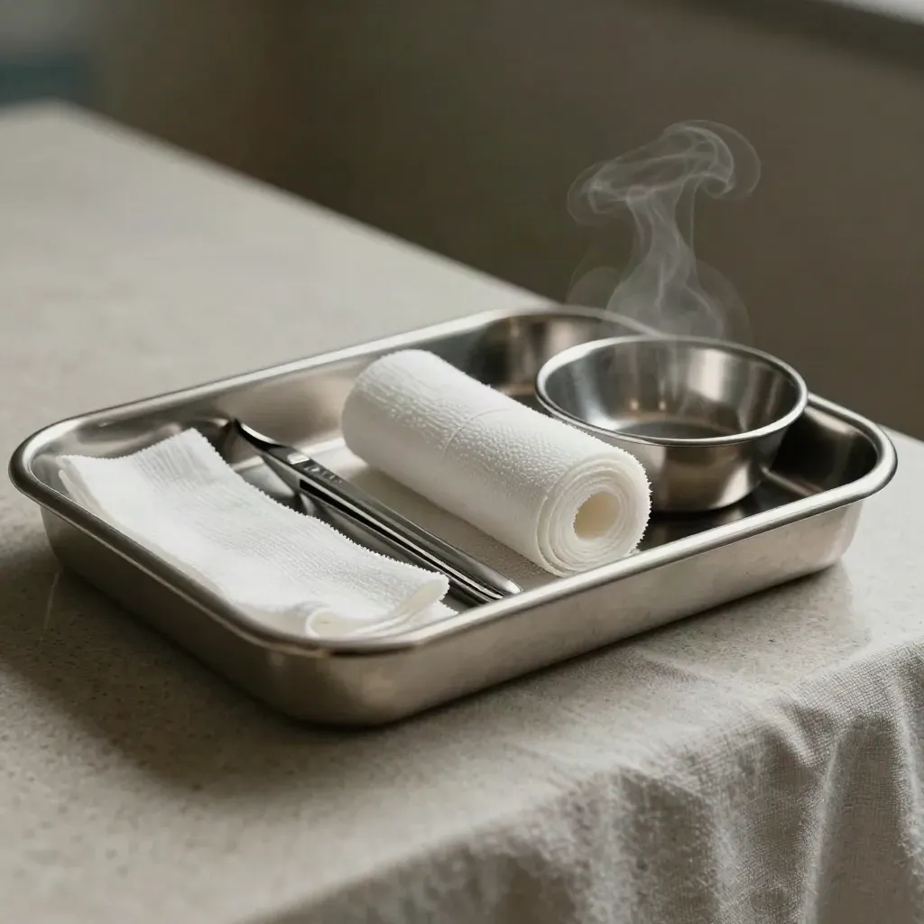 Stainless medical tray with forceps, gauze, and a steel bowl on brushed stone.