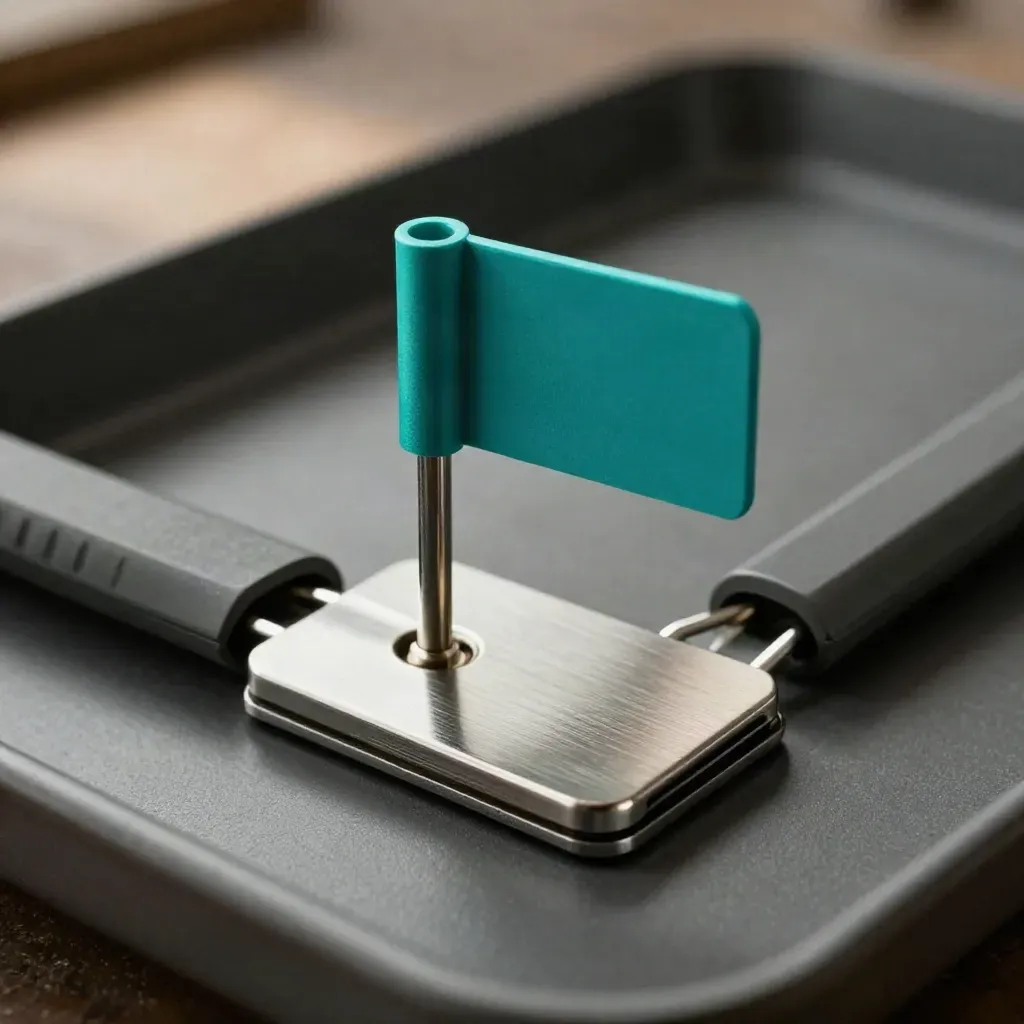 Teal case flag clip with two grey markers and a steel base plate on a graphite tray.