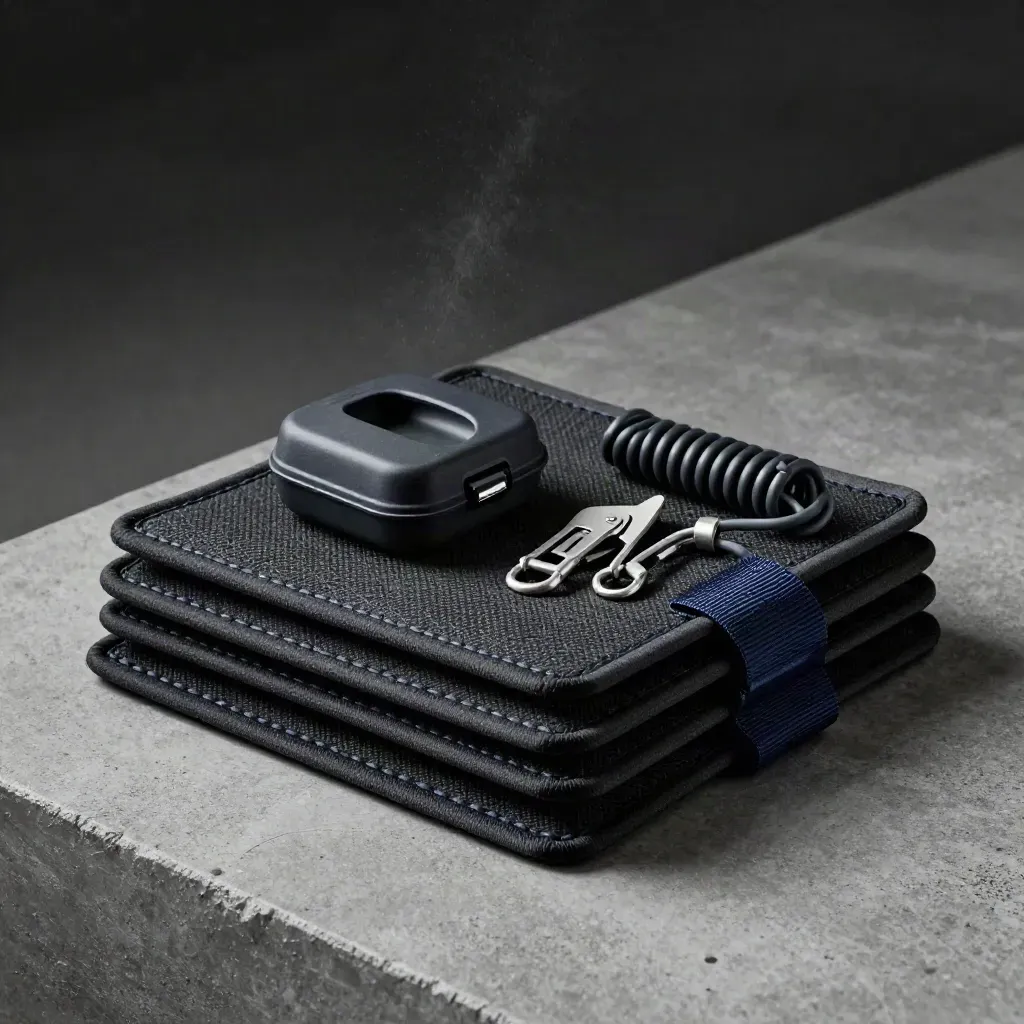 MRI positioning pads, earplug case and coil strap hardware on concrete, top-down