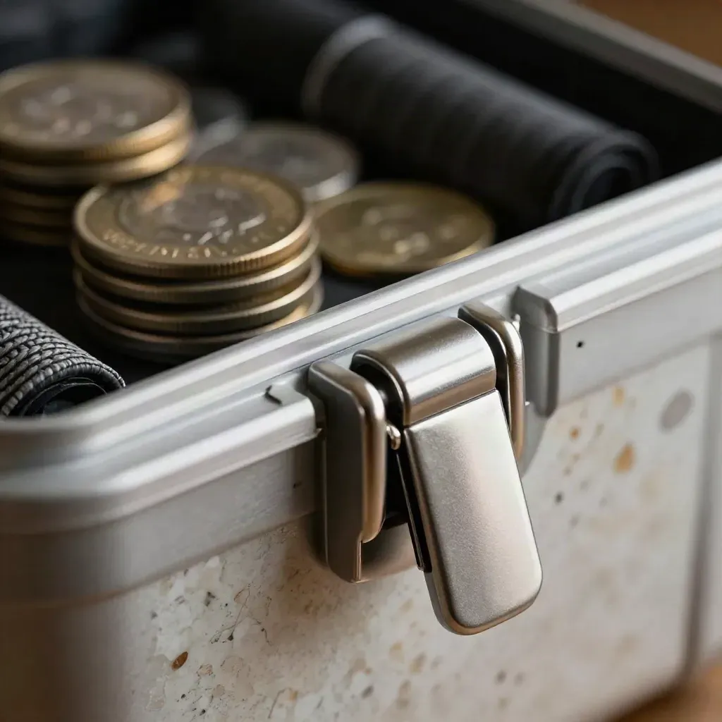 Extreme macro of MRI-safe marker discs, cable wraps, and a transport case latch on travertine.