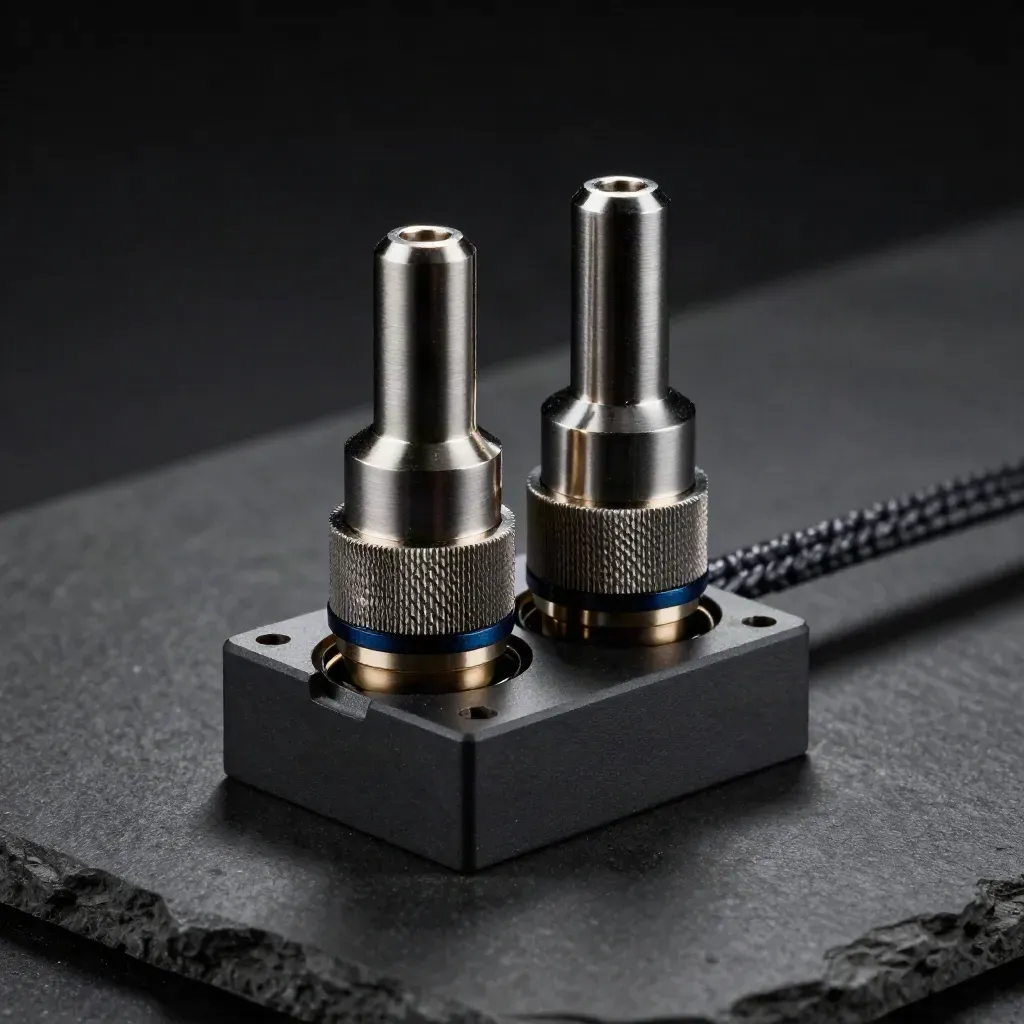 Two fibre couplers join into a docking block beside a braided lead on dark stone.
