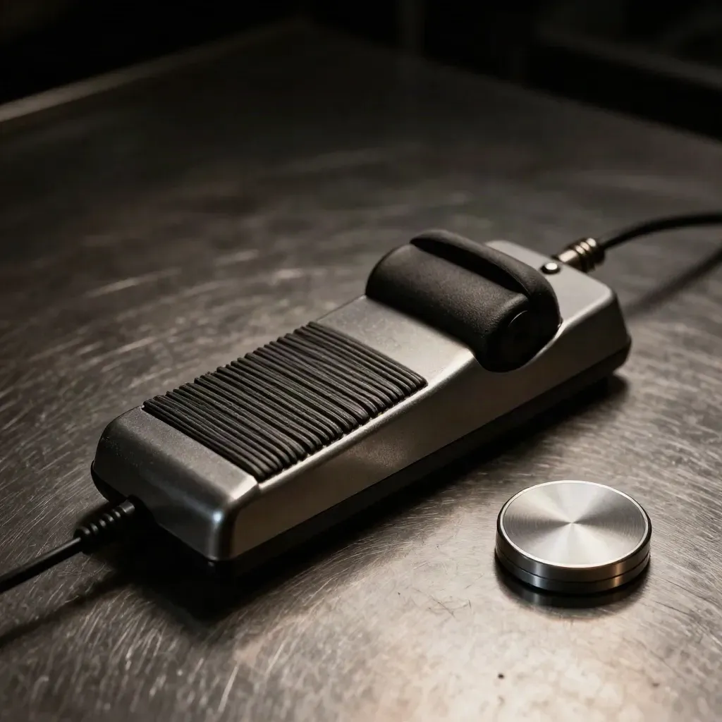 Dictation foot pedal, headset cradle and status puck on brushed metal in cool clinical light.