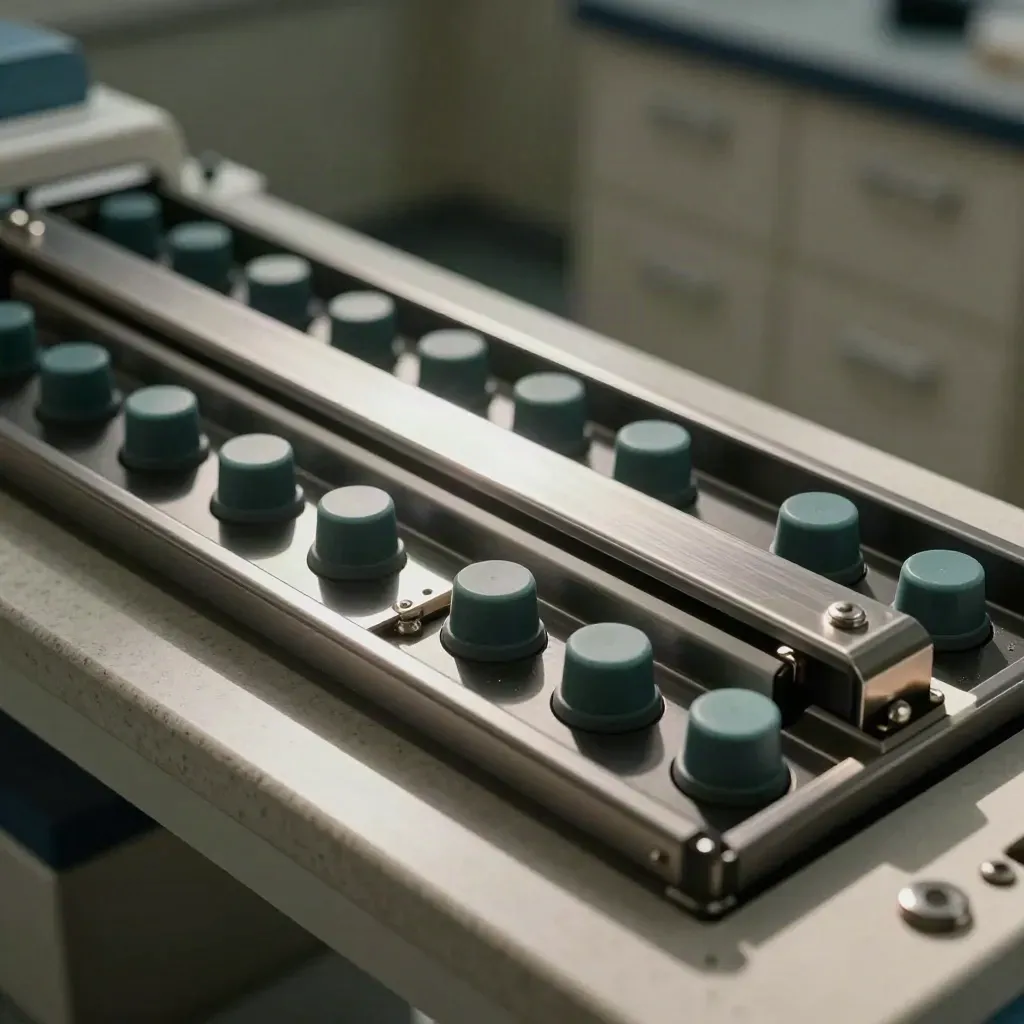 Macro of radiology tray dividers, routing pucks and rail on a stone shelf with muted teal accents.