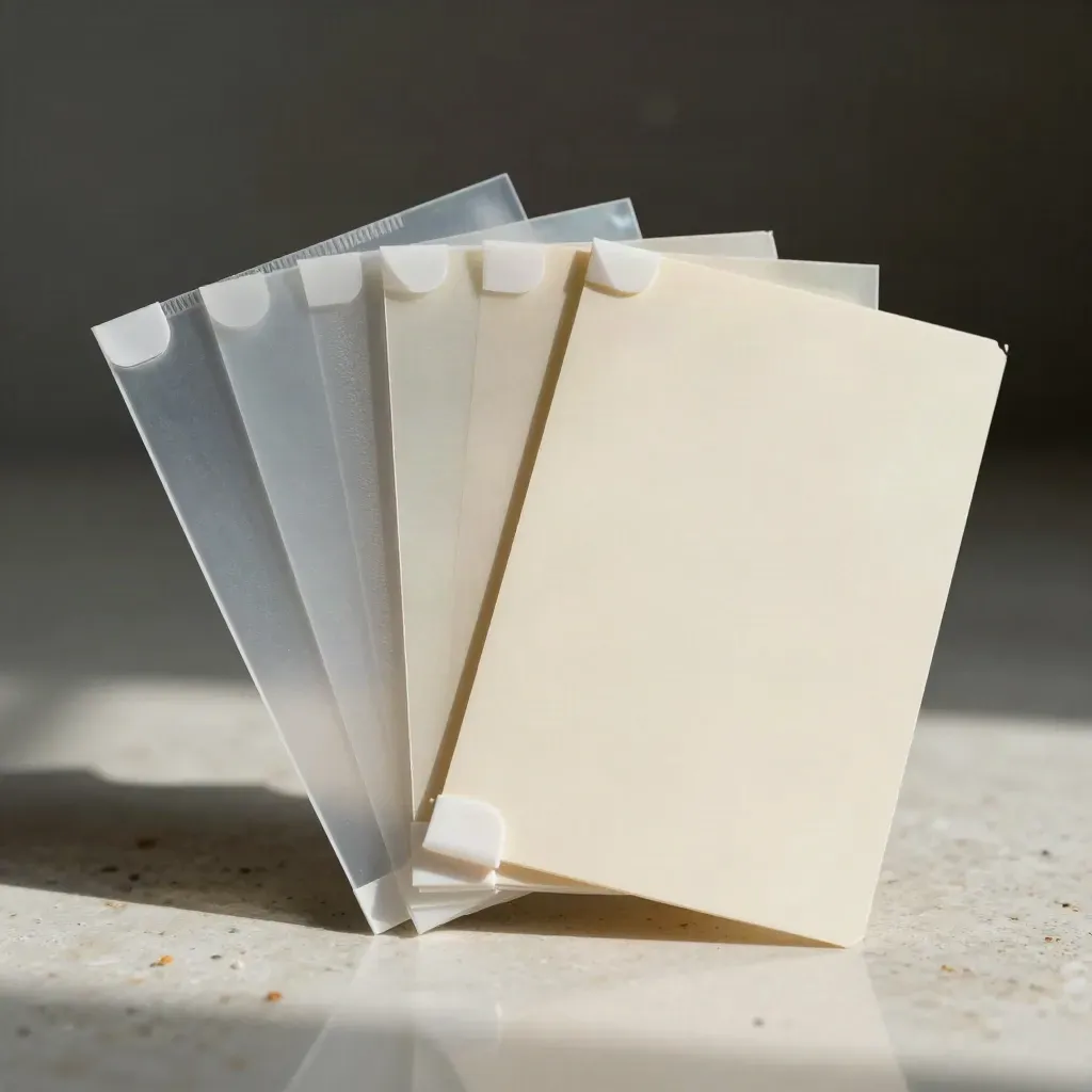 Translucent review sleeves, clips and divider card on a pale stone surface