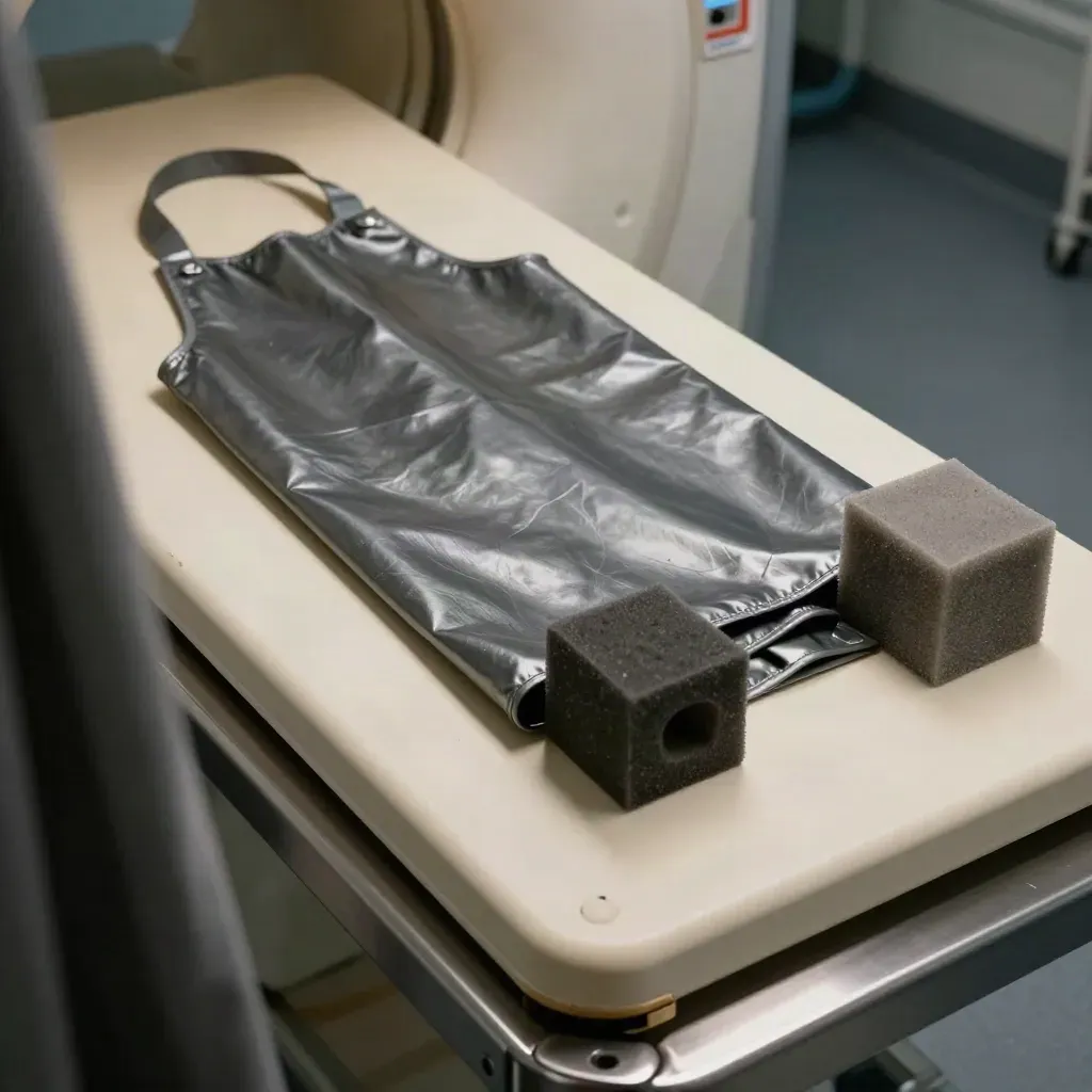 MRI prep bay still life with transfer board, lead apron, and foam blocks through a blurred curtain edge.