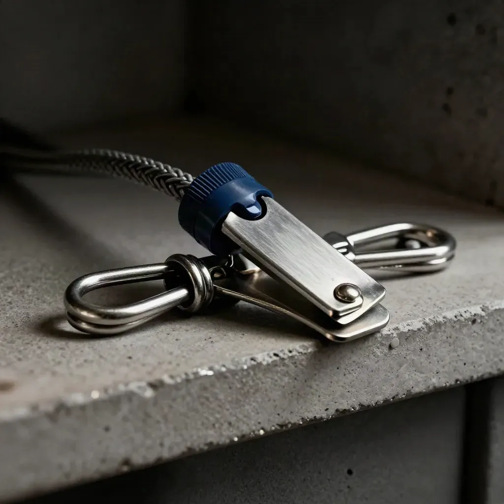 Stainless security clip with blue tamper seal and cable loop on concrete