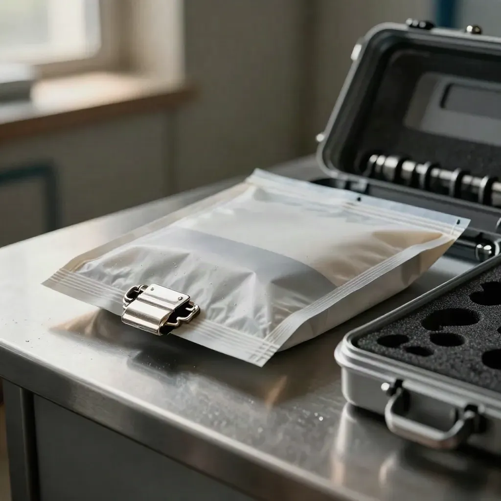 Macro still life of a sealed medical transfer pouch and courier hardware on steel through frosted glass.