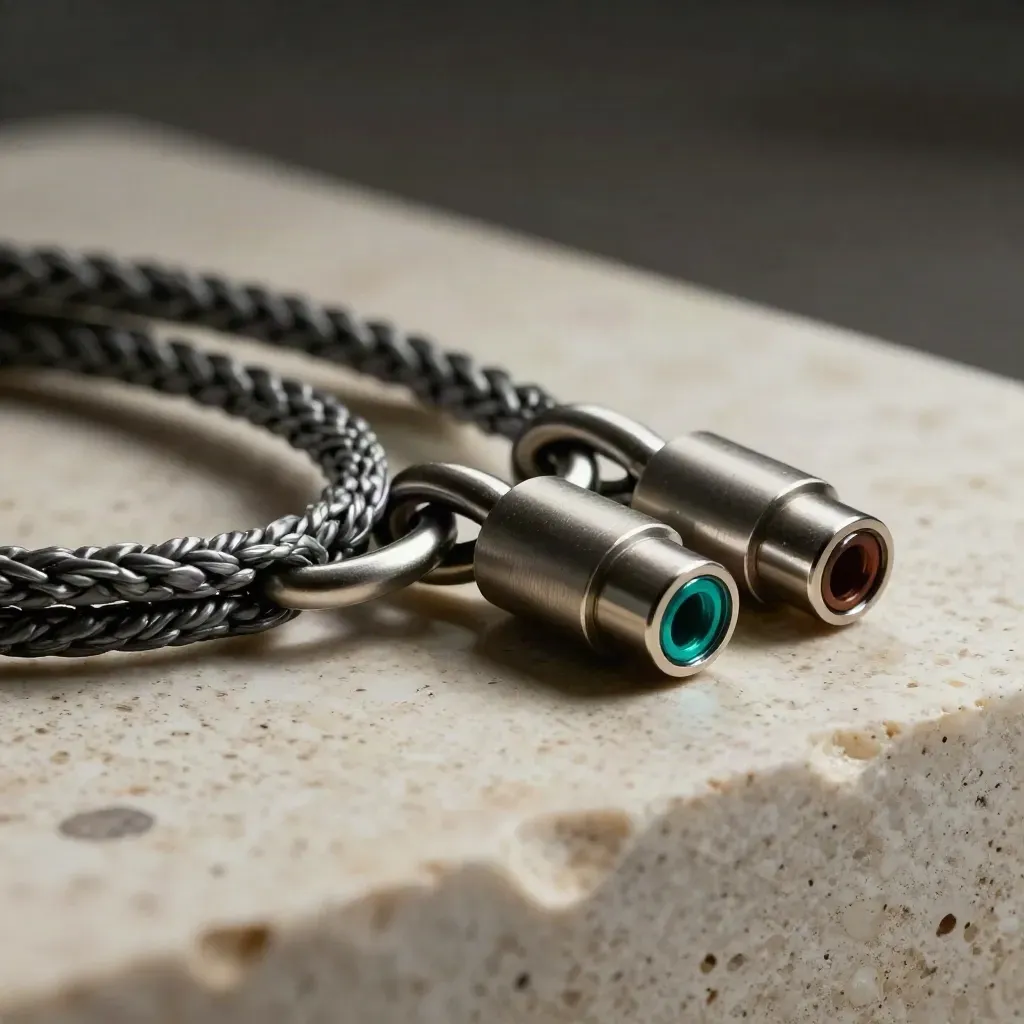 Machined rings, braided cable loop, and connector blocks on pale travertine with teal accent