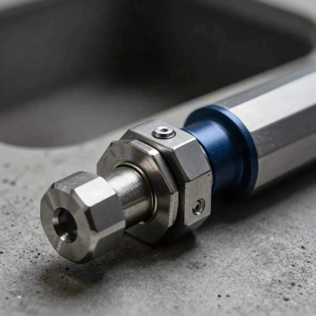 Macro of interlocking metal plates and coupling shaft on concrete with blue accent
