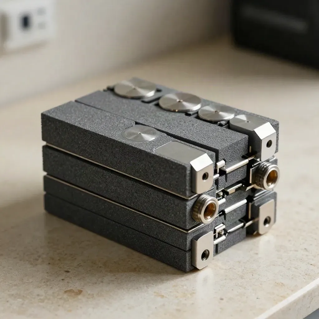 Graphite modular blocks and metal spacers locking together on warm limestone, in a clinical server alcove.
