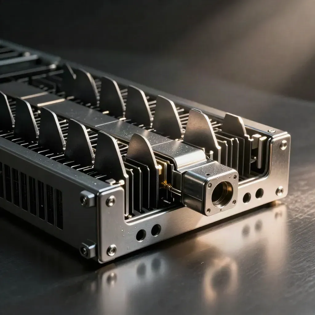 Brushed steel server blades and fibre connectors arranged in a premium still life.