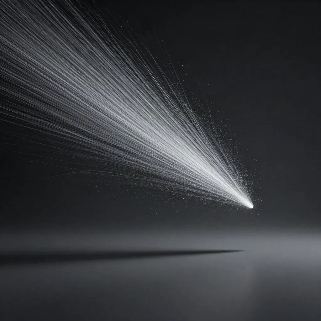 Silver particle streams converge into a soft white bloom in dark haze.